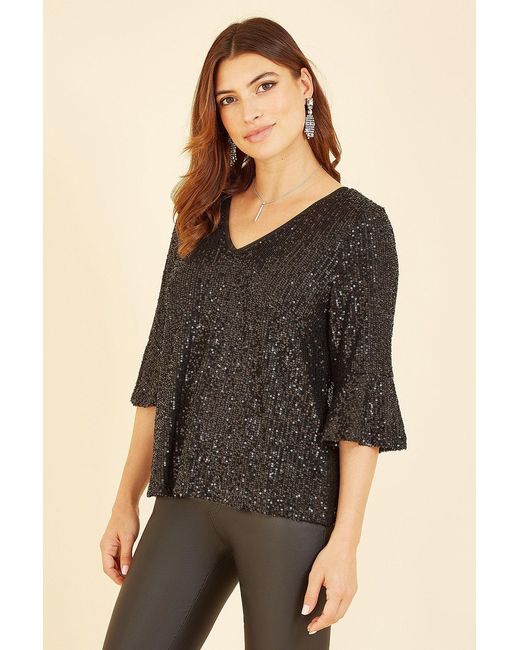 Yumi' Black Sequin Top With Fluted Sleeve