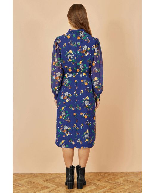 Yumi' Blue Recycled Raccoon Print Shirt Midi Dress