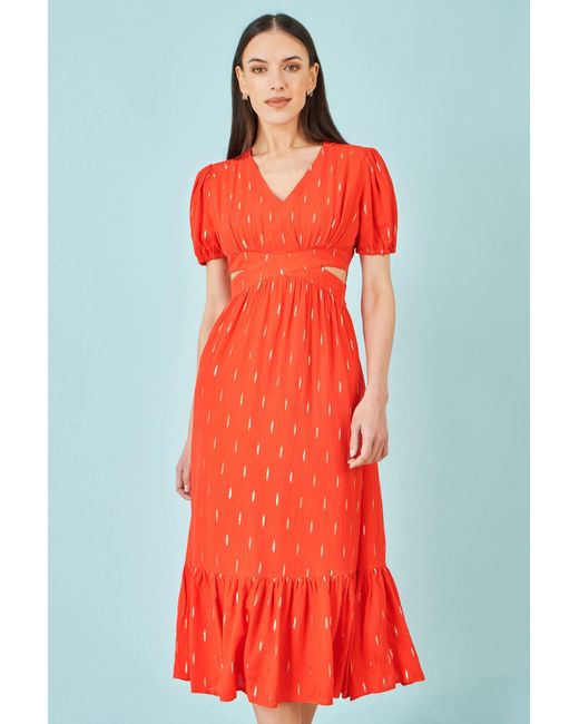 Yumi' Red Foil Print Viscose Cut Out Midi Dress