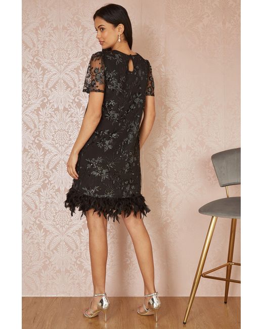 Yumi' Black Sequin Embroidered Tunic Dress With Feather Trim