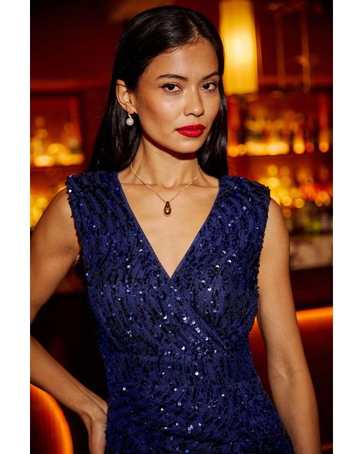 Yumi' Blue Sequin Fitted Wrap Dress With Split Hem