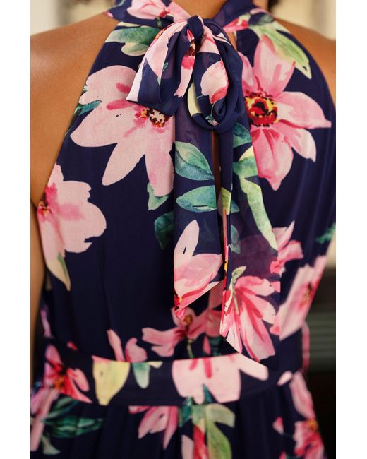 Yumi' Blue Floral Halter Neck Midi Dress With Matching Belt