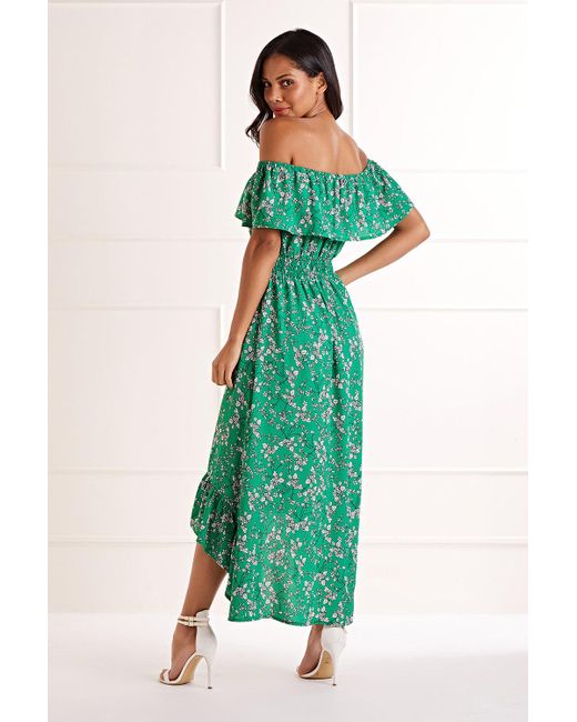Yumi' Green Bardot Asymmetric Maxi Dress
