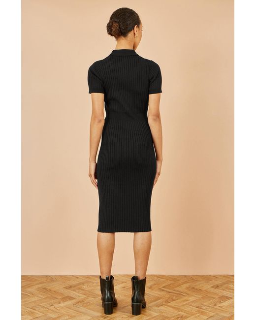 Yumi' Black Fitted Rib Knitted Midi Dress With Daisy Buttons