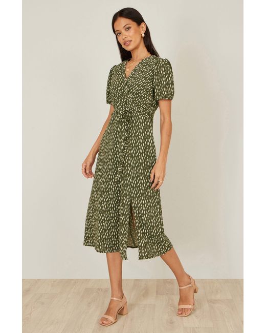Yumi' Green Spot Wrap Midi Tea Dress