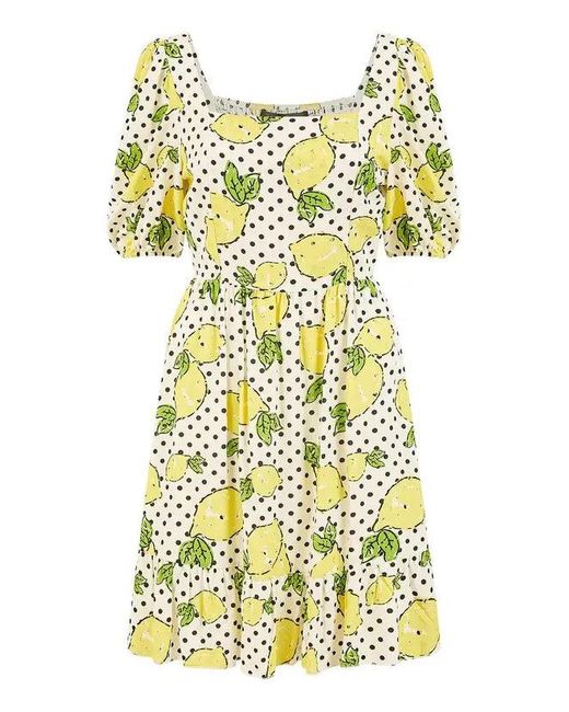 Mela White Viscose Lemon Print Skater Dress With Balloon Sleeves