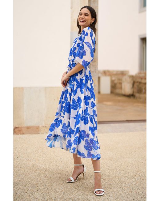 Yumi' Blue Kimono Sleeves Midi Dip Hem Wrap Midi Dress