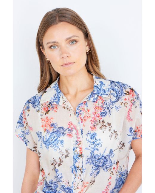 Yumi' White Cotton Paisley Print Tie Knot Shirt