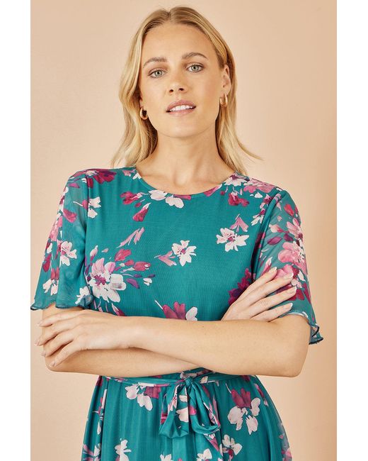 Yumi' Blue Mesh Skater Floral Midi Dress