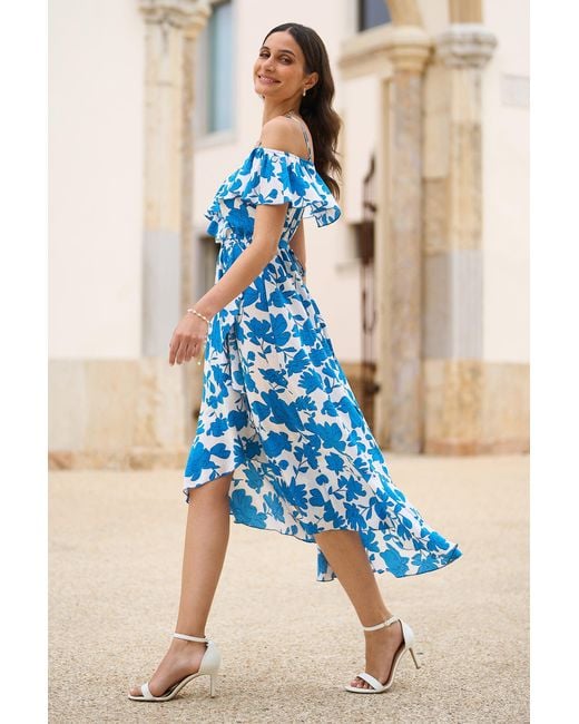 Yumi' Blue Floral Print Bardot Midi Dress With Dip Hem
