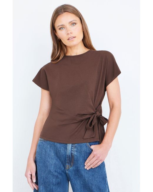 Yumi' Brown Cotton Jersey Top With Knot Detail