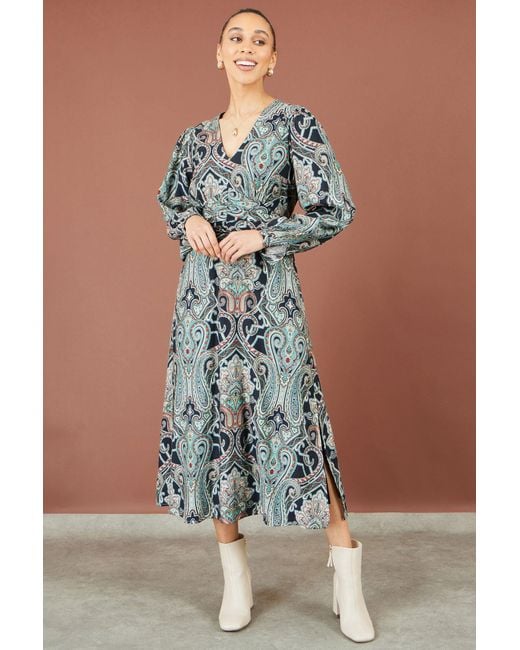 Yumi' Blue Paisley Print Midi Dress