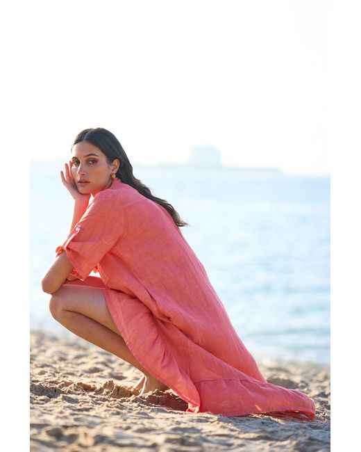 Yumi' Red Italian Linen Shirt Dress With Frill Hem