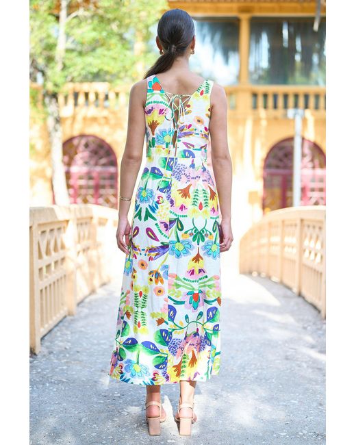Yumi' Blue Multicolour Abstract Flower Maxi Dress With Tie Back