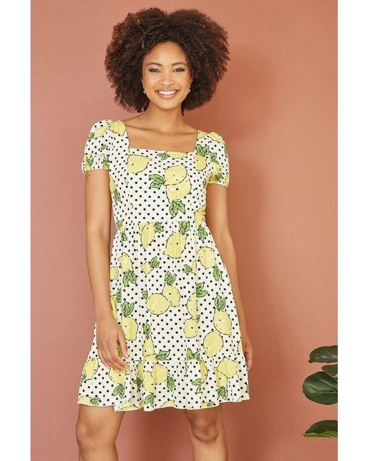 Mela White Viscose Lemon Print Skater Dress With Balloon Sleeves