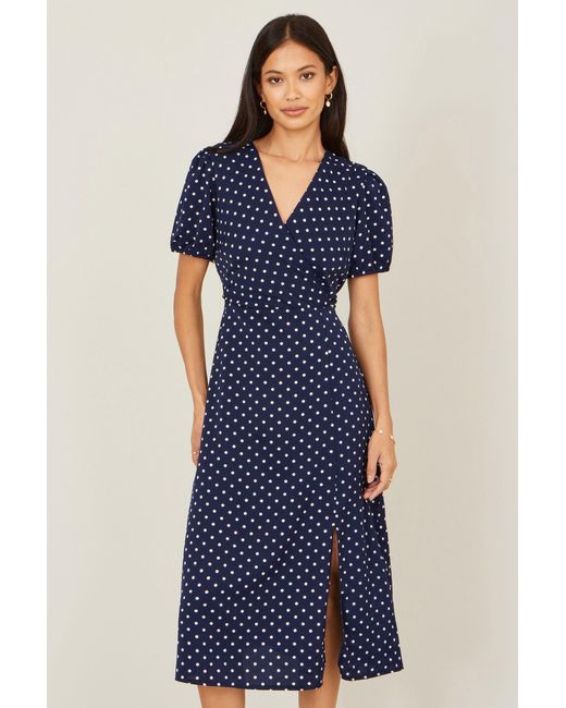 Yumi' Blue Spot Wrap Midi Tea Dress