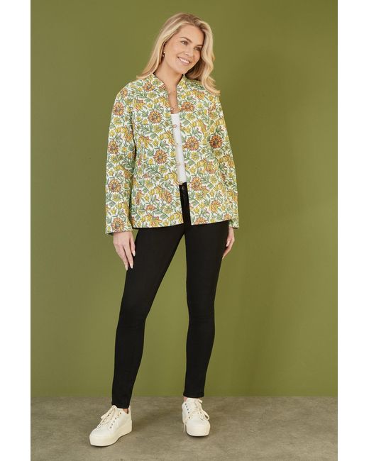 Yumi' Green Floral Print Reversible Cotton Quilted Jacket