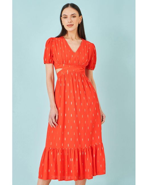 Yumi' Red Foil Print Viscose Cut Out Midi Dress