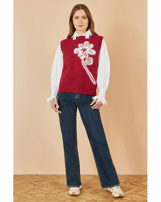 Yumi' Red Knitted Flower Sleeveless Jumper Vest