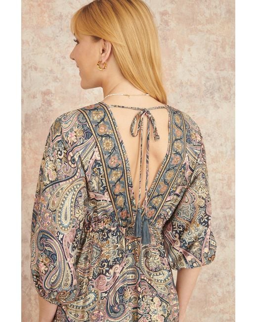 Yumi' Natural Multicolour Paisley Print Midi Kimono Dress With Tie Back