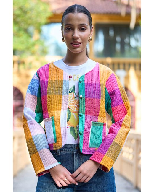 Yumi' Multicolor Multicolour Checked Cropped Reversible Cotton Quilted Jacket
