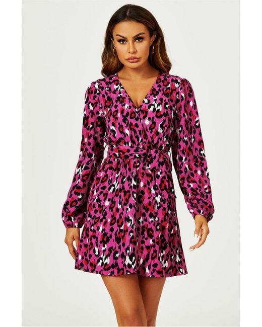 FS Collection Red Leopard Print Wrap Top Mini Dress