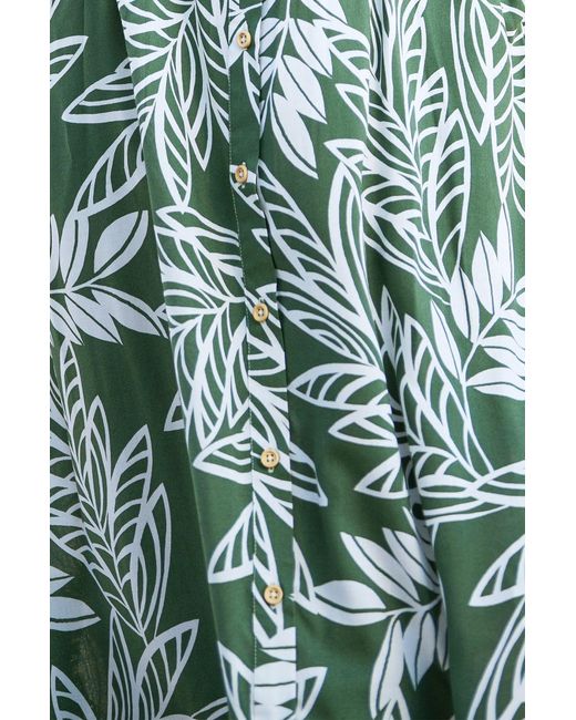 Yumi' Green Leaf Print Viscose Relaxed Midi Shirt Dress