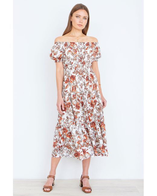 Yumi' White Floral Ruched Waist Midi Dress