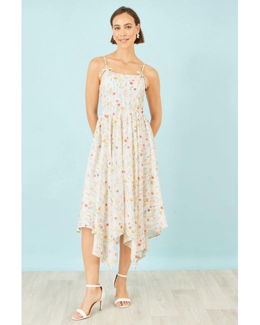Yumi' Blue Botanical Embroidery Fabric Handkerchief Hem Dress