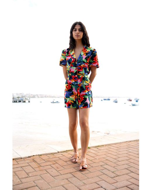 Yumi' Red Multicolour Tropical Leaf Print Playsuit