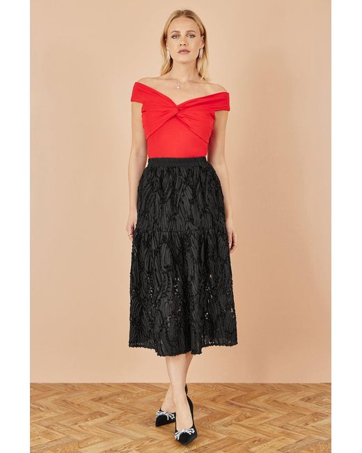 Yumi' Red Jersey Cotton Bardot Top With Knot Detail
