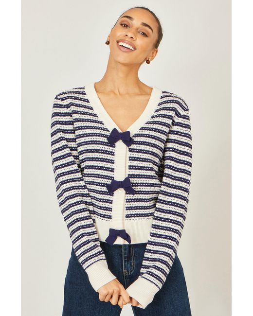 Yumi' Blue Multicolour Block Stripe Tie Front Cardigan