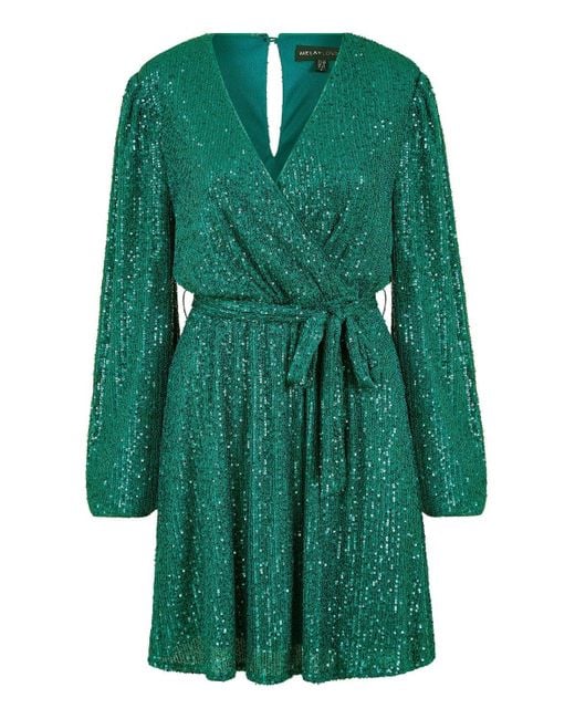 Mela London Green Mela Sequin Belted Wrap Long Sleeve Dress