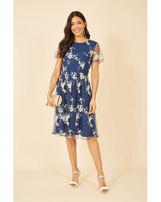 Yumi' Blue Embroidered Floral Skater Dress