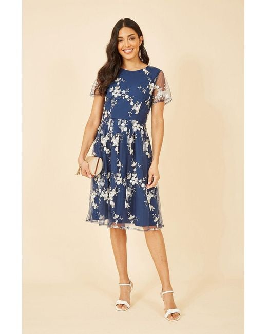 Yumi' Blue Embroidered Floral Skater Dress