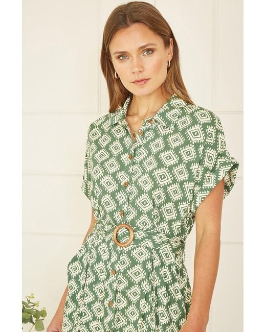 Yumi' Green Viscose Midi Shirt Dress With Matching Belt