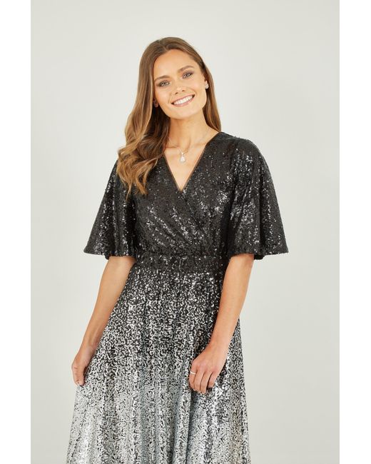 Yumi' Black And Ombre Sequin Midi Wrap Dress