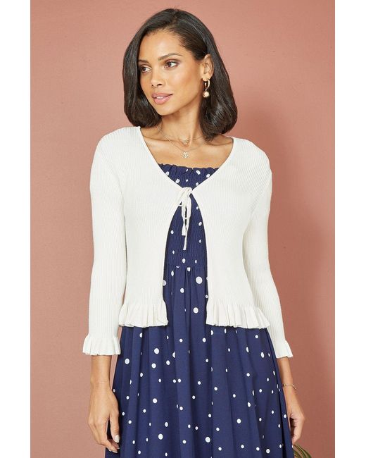 Yumi' Blue Ivory Tie Up Ribbed Cardigan With Frill Hem