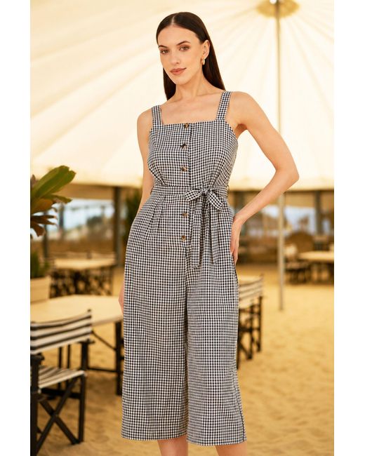 Yumi' Gray Gingham Button Through Jumpsuit