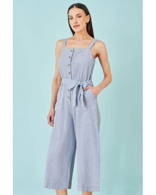 Yumi' Blue Cotton Stripe Button Through Jumpsuit