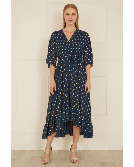 Yumi' Blue Foil Print Wrap Dip Hem Dress