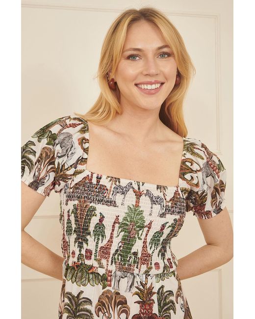Yumi' Natural Cotton Safari Print Ruched Midi Dress