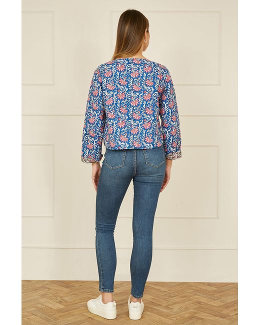 Yumi' Blue Floral Reversible Cotton Quilted Jacket