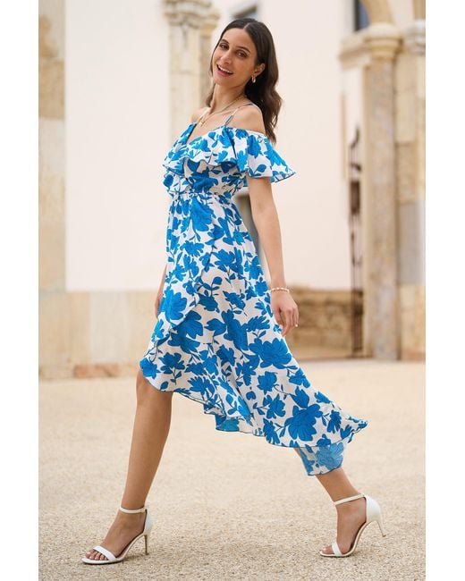 Yumi' Blue Floral Print Bardot Midi Dress With Dip Hem
