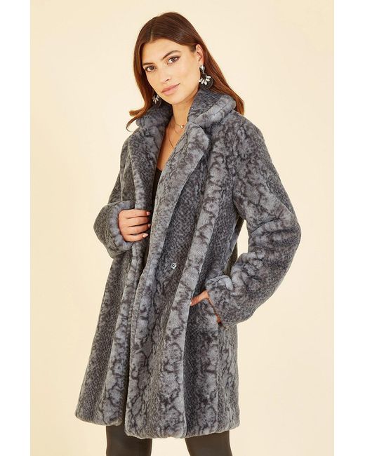Yumi' Gray Snakeskin Print Faux Fur Coat
