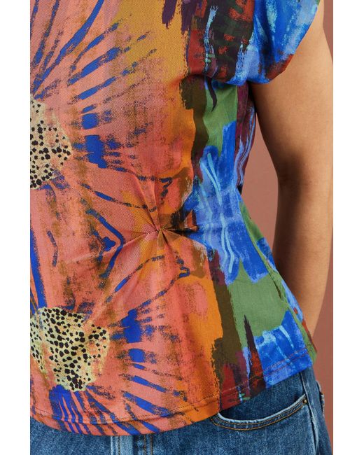 Yumi' Red Multicolour Floral Mesh Top