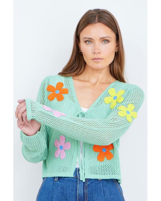 Yumi' Blue Mint Tie Front Cardigan With Flower Design