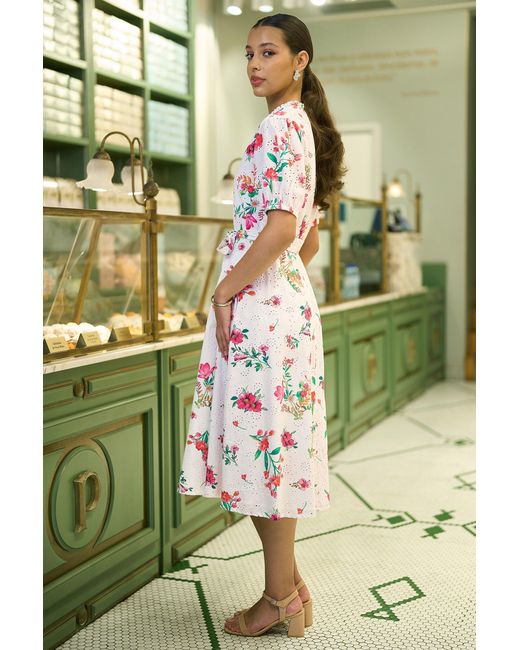 Yumi' Green Floral Print Cotton Broderie Anglaise Midi Shirt Dress