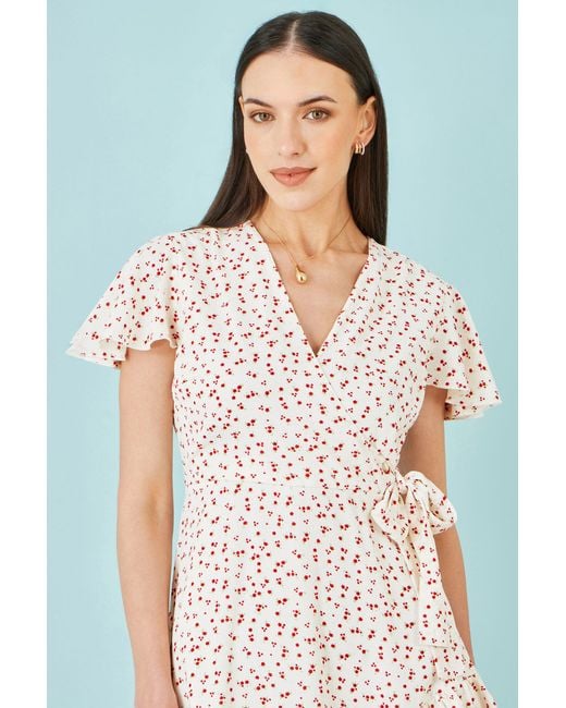 Yumi' White Ditsy Print Frill Wrap Dress