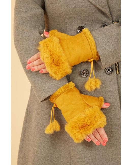 Yumi' Yellow Mustard Fur Fingerless Suede Mittens